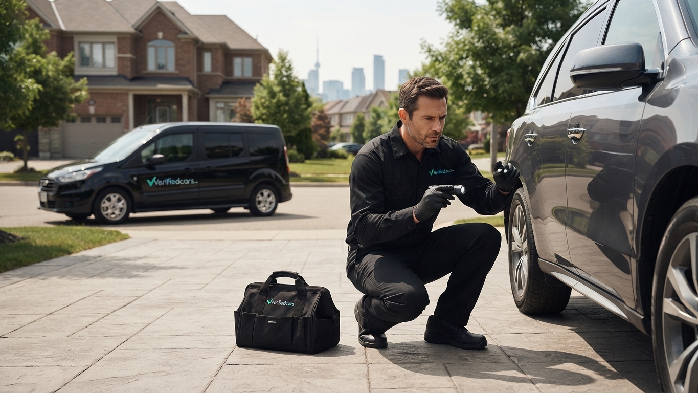 Certified inspector examining a vehicle during a pre-purchase inspection